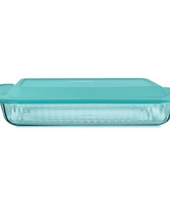 Pyrex Sculpted Tinted Glass 3QT Oblong Baking Dish with Lid, Aqua